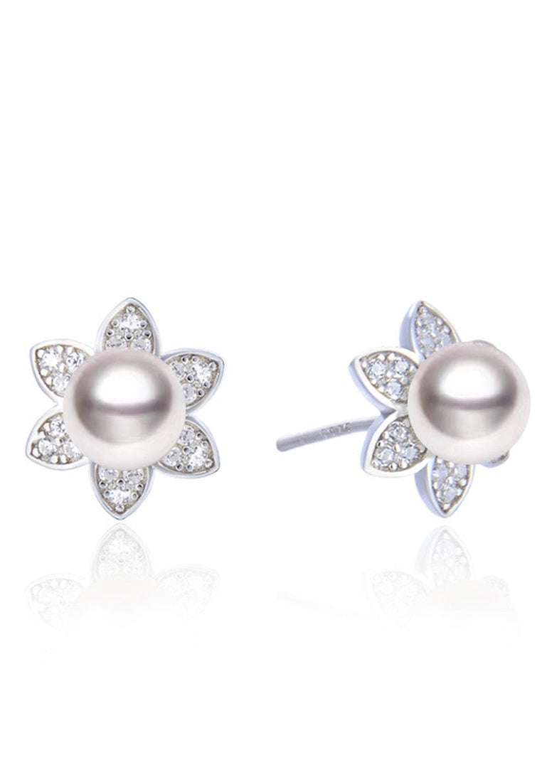 Zircon Beads Sterling Silver Floral Pearl Earrings with Diamonds