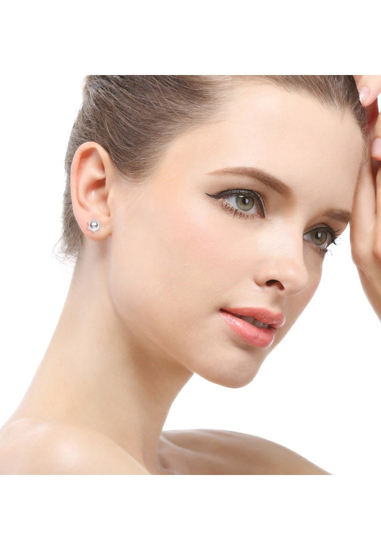 Zircon Beads Sterling Silver Floral Pearl Earrings with Diamonds