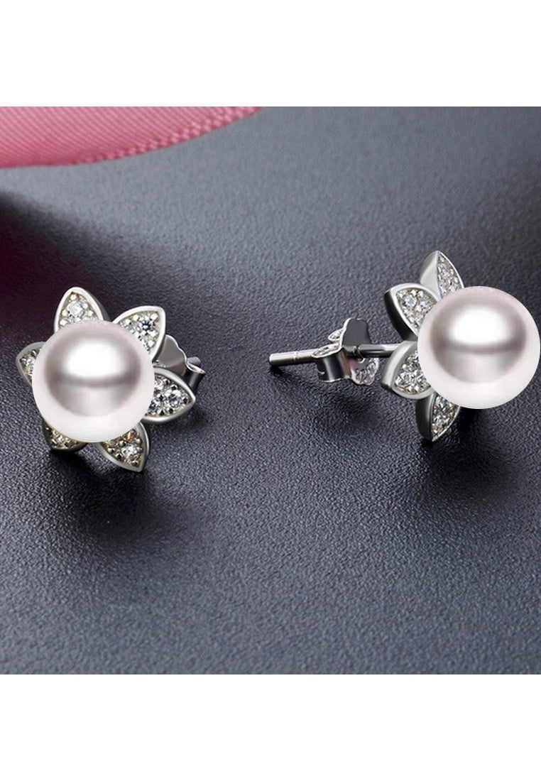 Zircon Beads Sterling Silver Floral Pearl Earrings with Diamonds