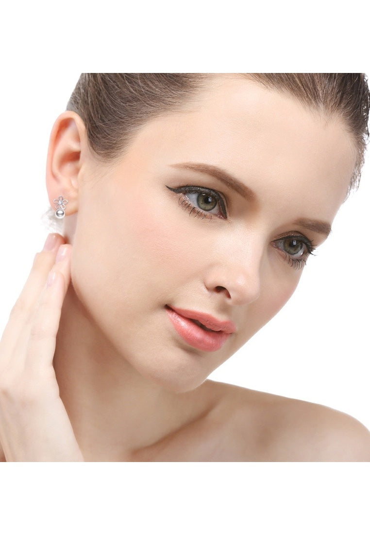 Sterling Silver Zircon Bead Floral Stud Earrings