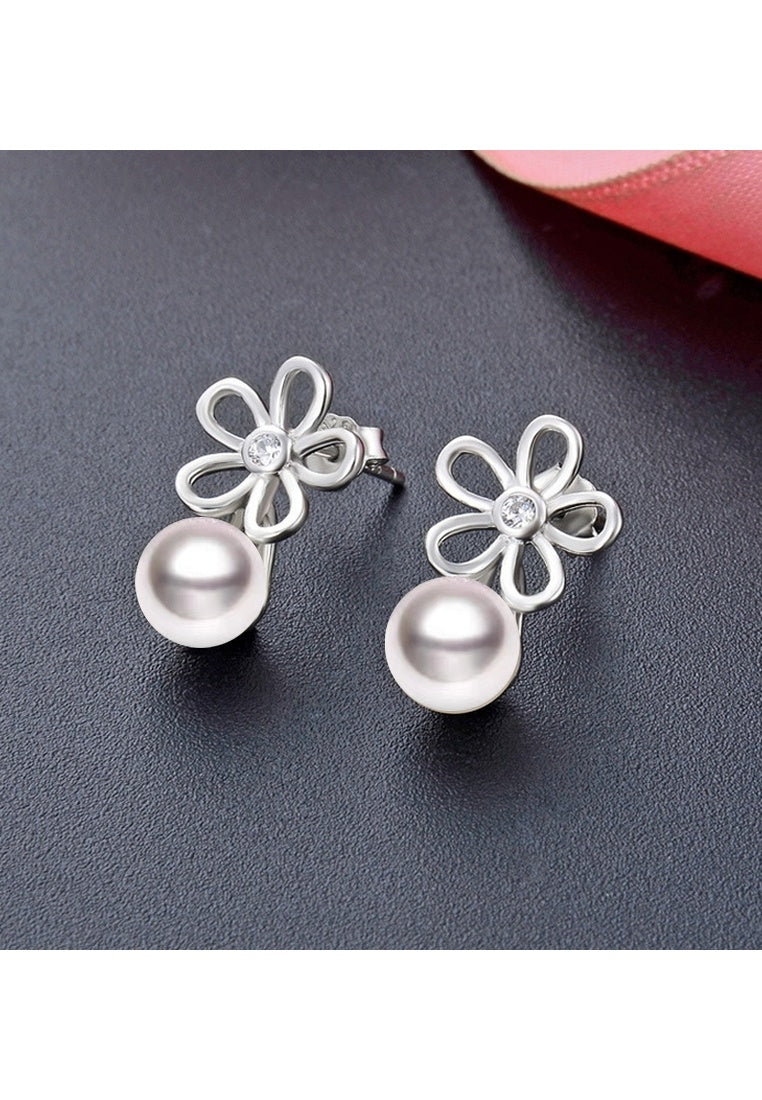 Sterling Silver Zircon Bead Floral Stud Earrings