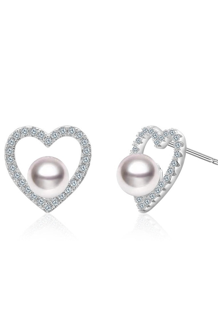 Sterling Silver Heart Pearl Stud Earrings