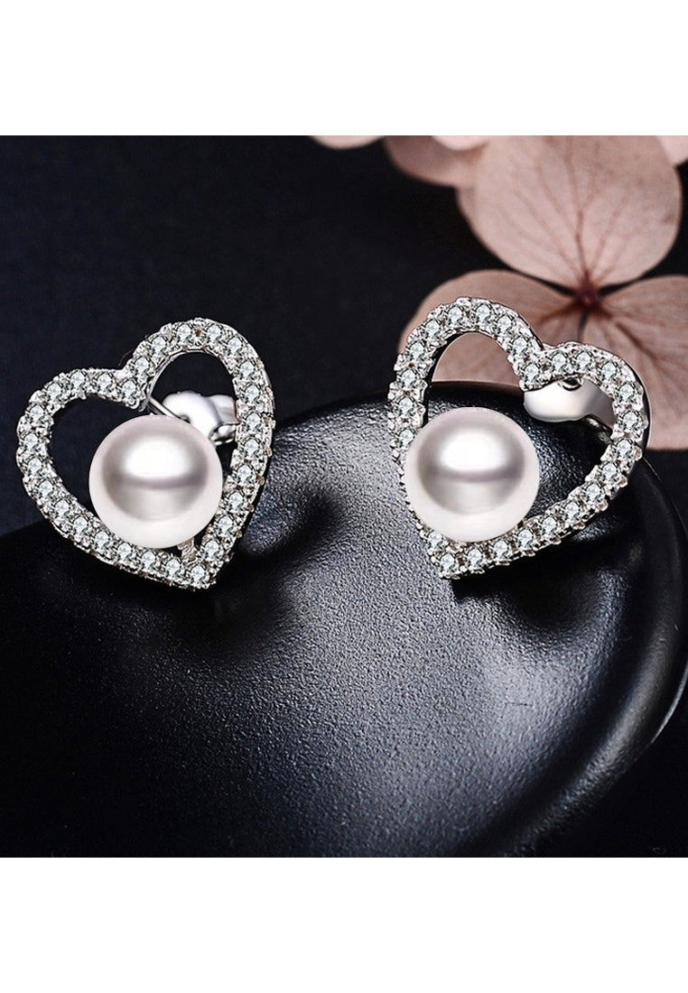 Sterling Silver Heart Pearl Stud Earrings