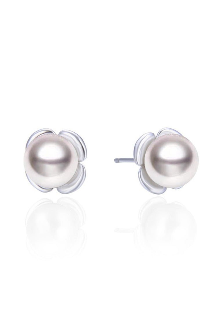 Sterling Silver Floral Pearl Stud Earrings