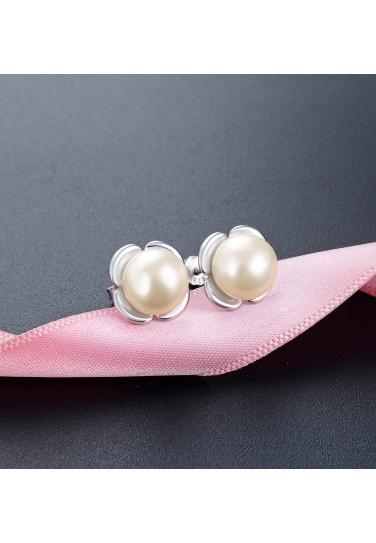 Sterling Silver Floral Pearl Stud Earrings