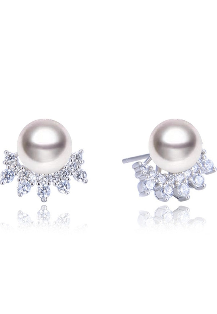 Sterling Silver Zircon Freshwater Pearl Stud Earrings