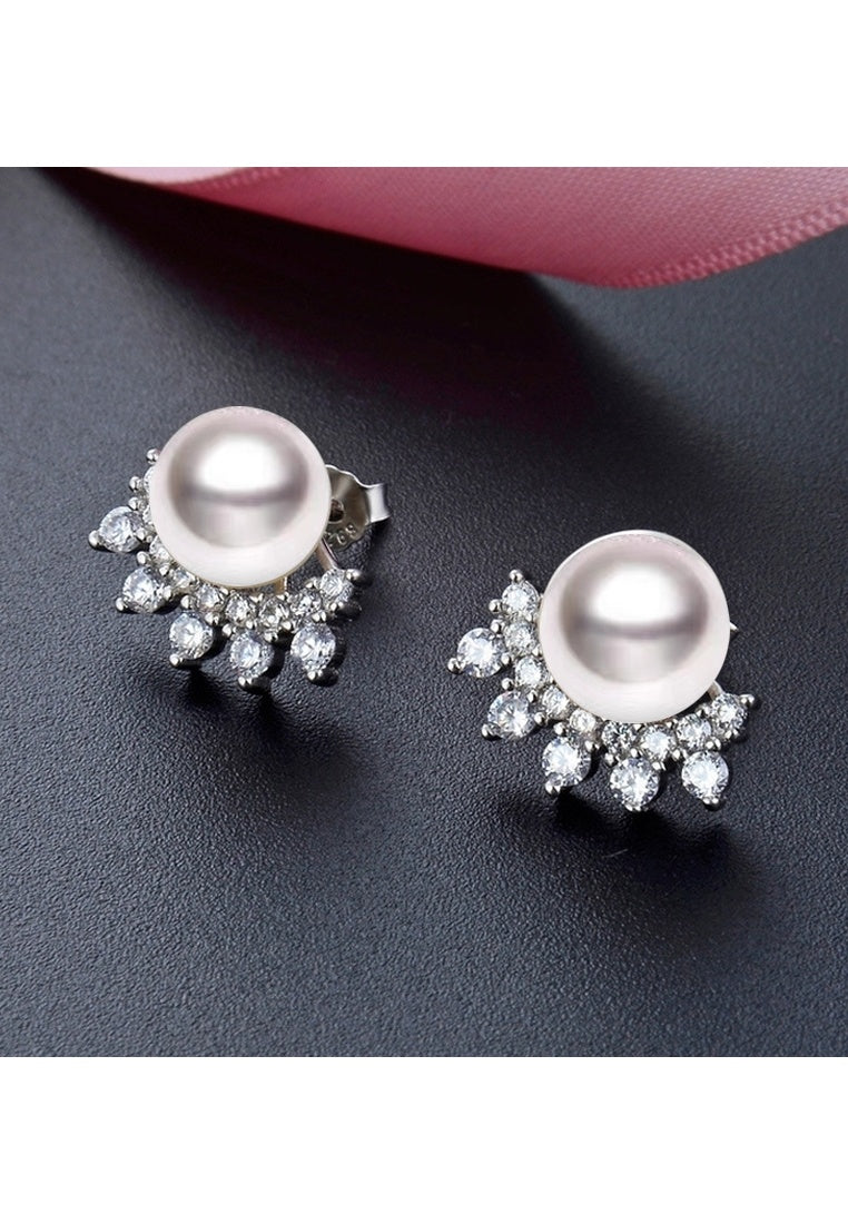 Sterling Silver Zircon Freshwater Pearl Stud Earrings