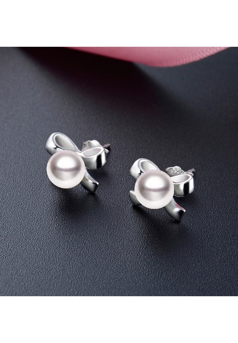 Sterling Silver Bow and Bead Stud Earrings