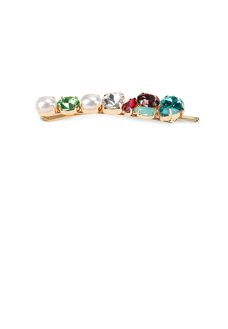 Fashion And Simple Plated Gold Green Cubic Zirconia Geometric Hair Clip With Imitation Pearl - Luxurious Look