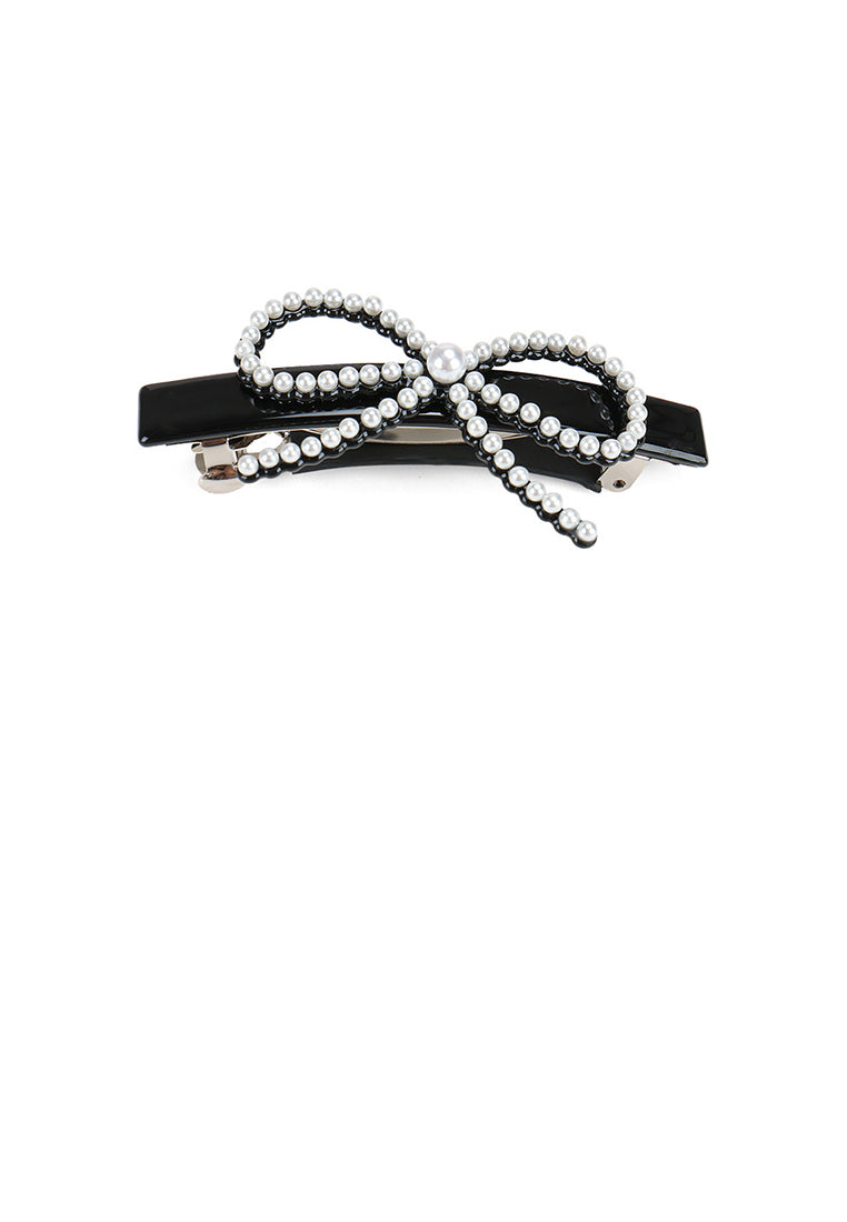 Simple And Sweet Black Ribbon Hair Slide With Imitation Pearl - Elegant Hairpiece - Luxurious Look