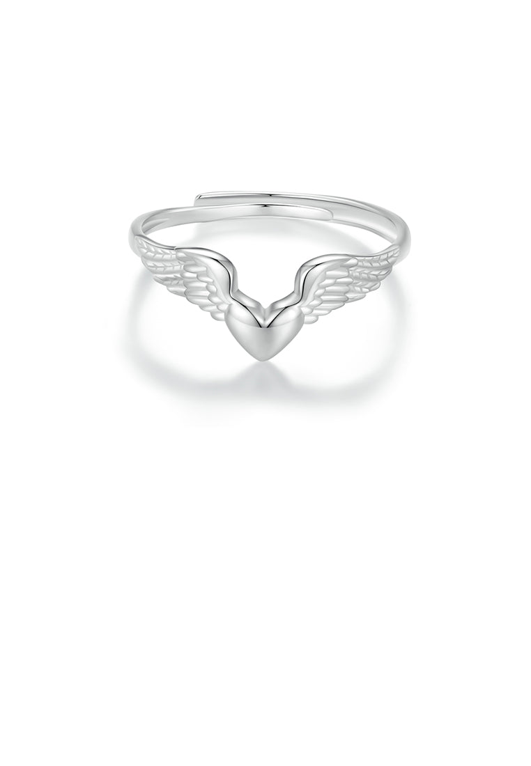 925 Sterling Silver Fashion Simple Heart Shape Angel Wings Adjustable Ring