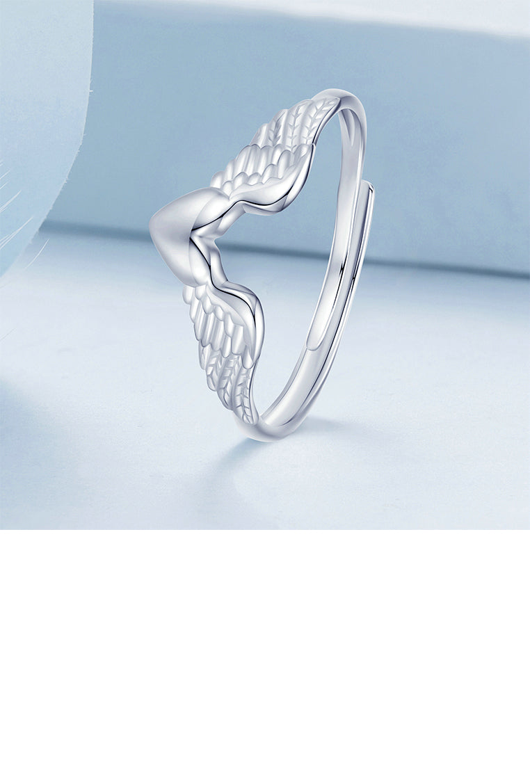 925 Sterling Silver Fashion Simple Heart Shape Angel Wings Adjustable Ring