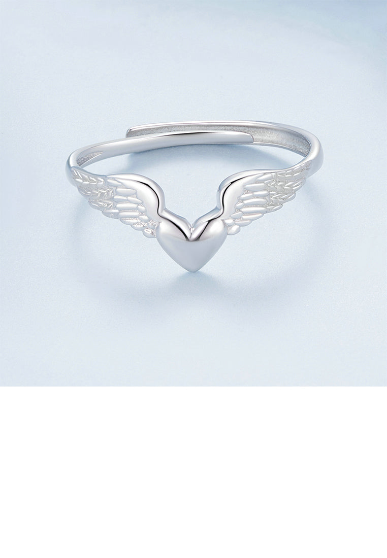 925 Sterling Silver Fashion Simple Heart Shape Angel Wings Adjustable Ring