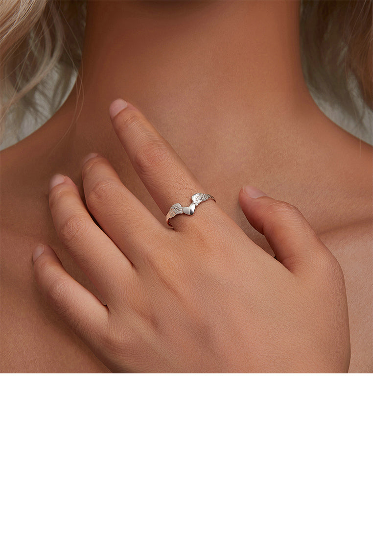 925 Sterling Silver Fashion Simple Heart Shape Angel Wings Adjustable Ring