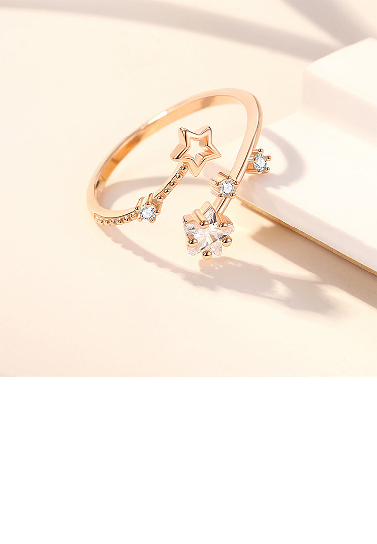 925 Sterling Silver Plated Rose Gold Simple Cute Star Adjustable Open Ring With Cubic Zirconia - Luxurious Look