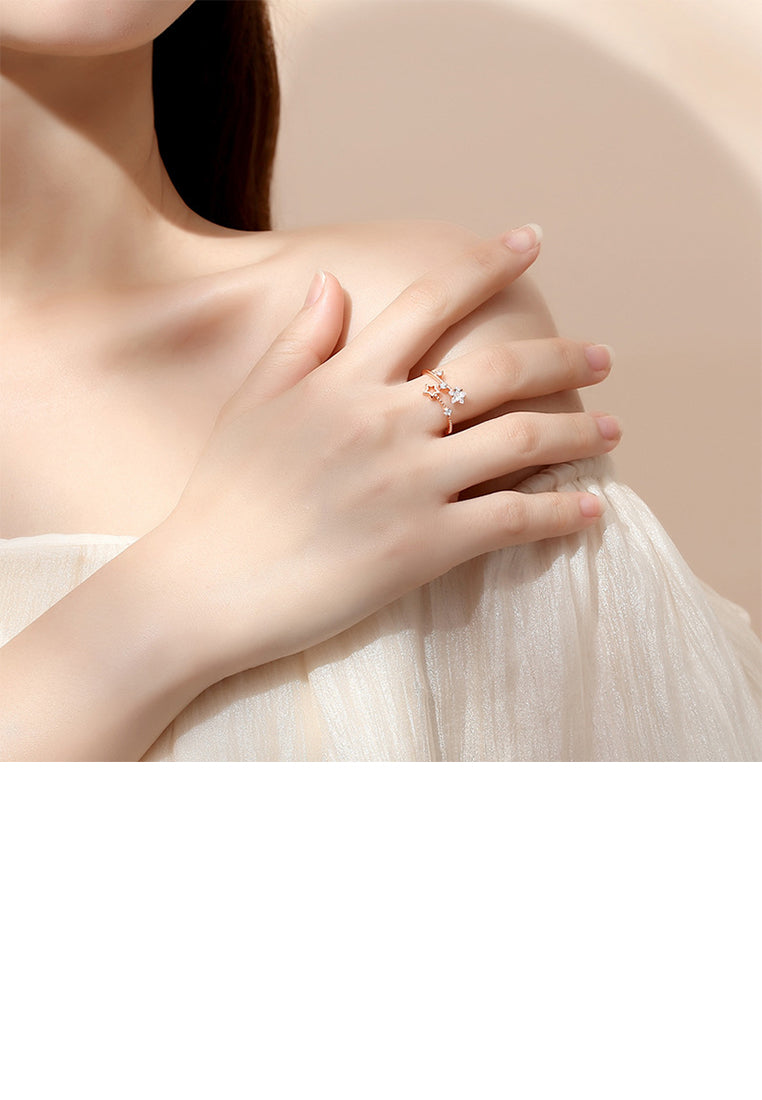 925 Sterling Silver Plated Rose Gold Simple Cute Star Adjustable Open Ring With Cubic Zirconia - Luxurious Look