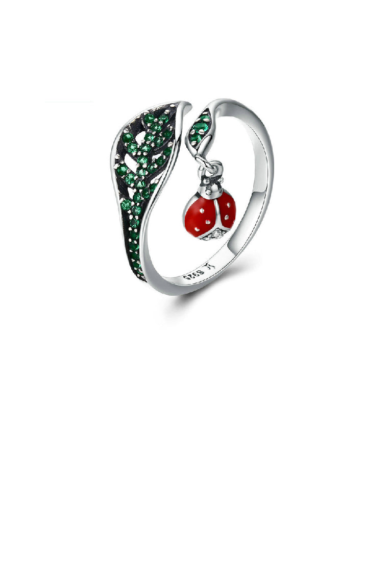 925 Sterling Silver Fashion Cute Ladybug Hollow Leaf Adjustable Open Ring With Cubic Zirconia - Luxurious Look