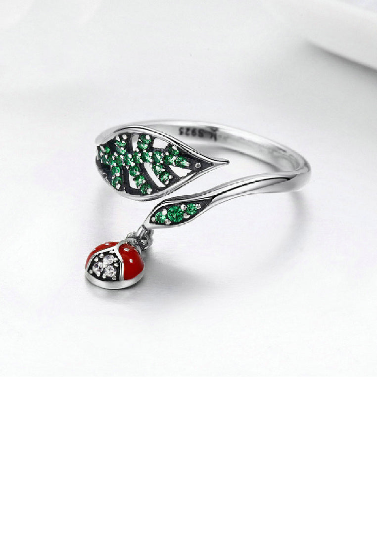 925 Sterling Silver Fashion Cute Ladybug Hollow Leaf Adjustable Open Ring With Cubic Zirconia - Luxurious Look