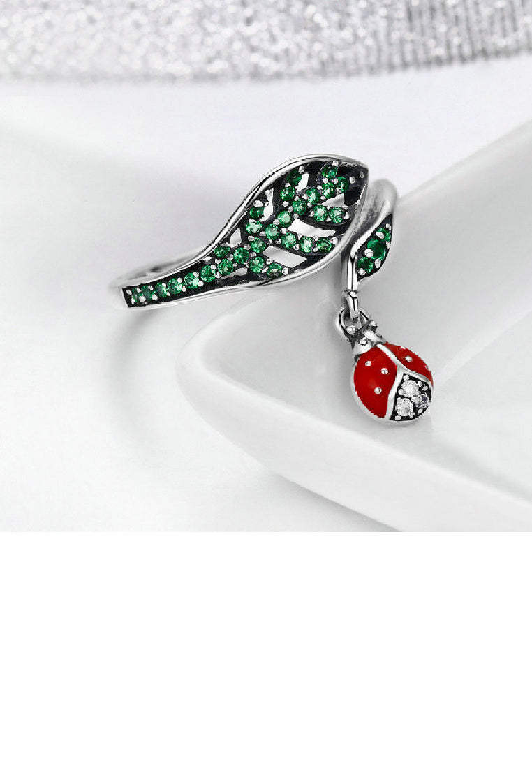925 Sterling Silver Fashion Cute Ladybug Hollow Leaf Adjustable Open Ring With Cubic Zirconia - Luxurious Look