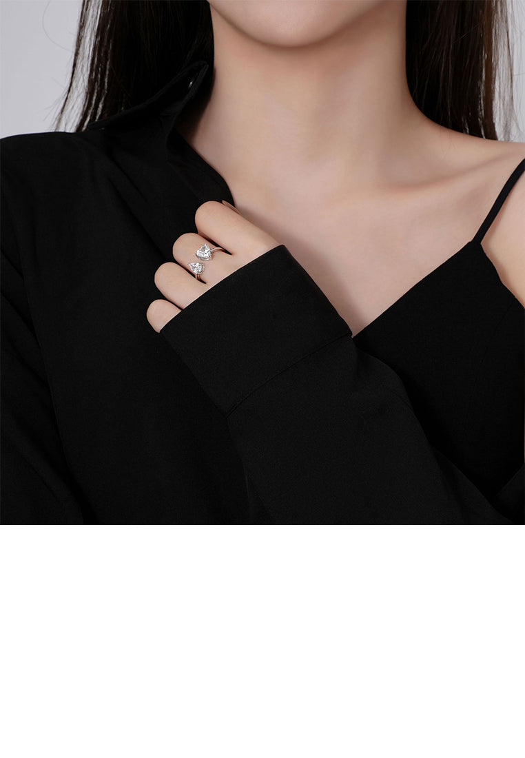 925 Sterling Silver Fashion Simple Heart Shape Geometric Adjustable Open Ring With Cubic Zirconia - Luxurious Look