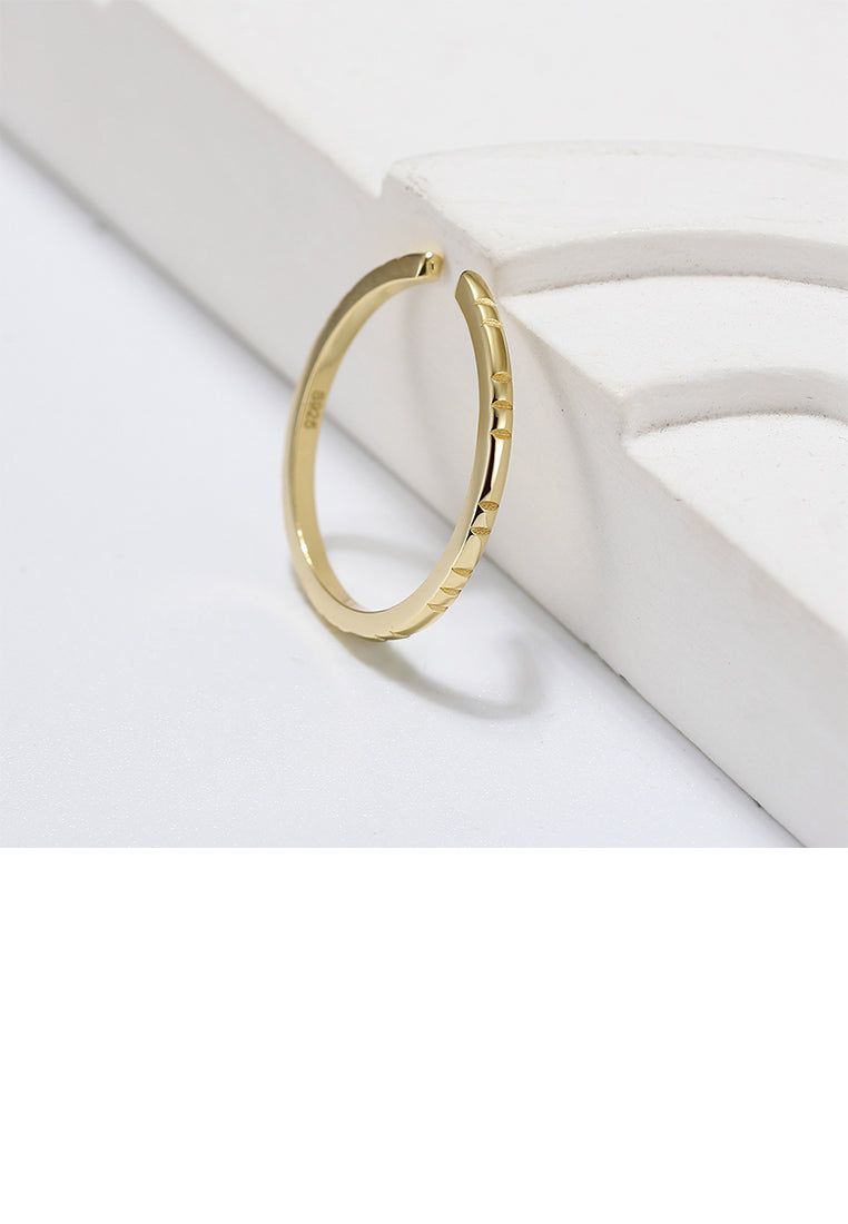 925 Sterling Silver Plated Gold Simple and Fashion Line Pattern Geometric Adjustable Open Ring