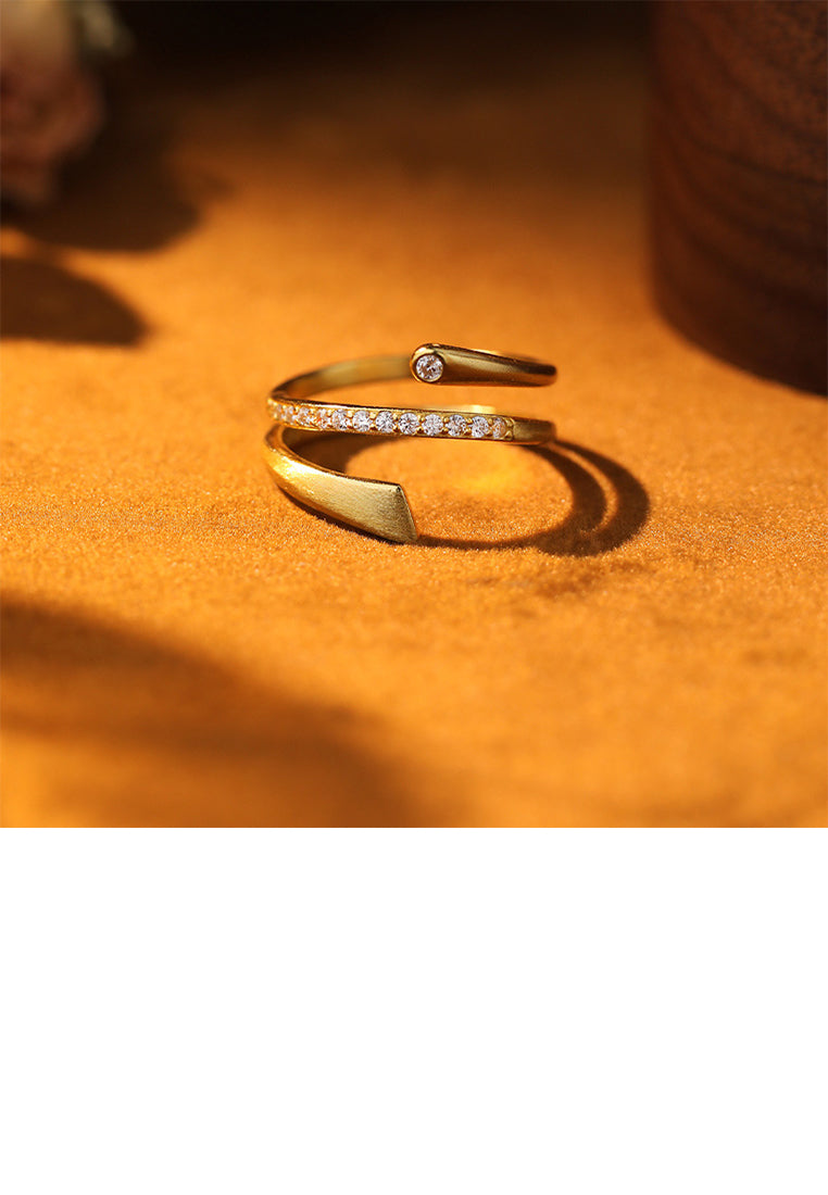 925 Sterling Silver Plated Gold Simple Personality Line Geometric Double-layer Adjustable Ring with Cubic Zirconia - Luxurious Look