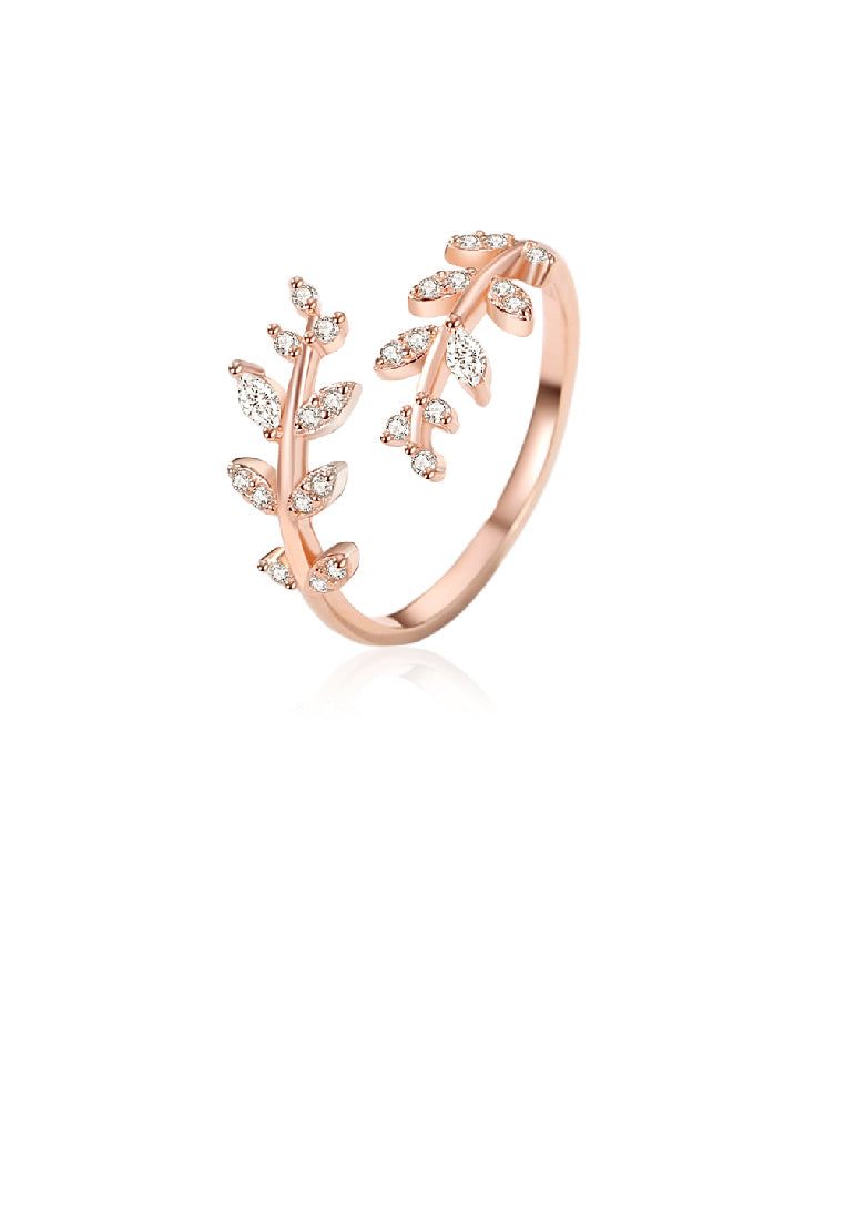 925 Sterling Silver Plated Rose Gold Fashion Simple Leaf Adjustable Open Ring With Cubic Zirconia - Luxurious Look