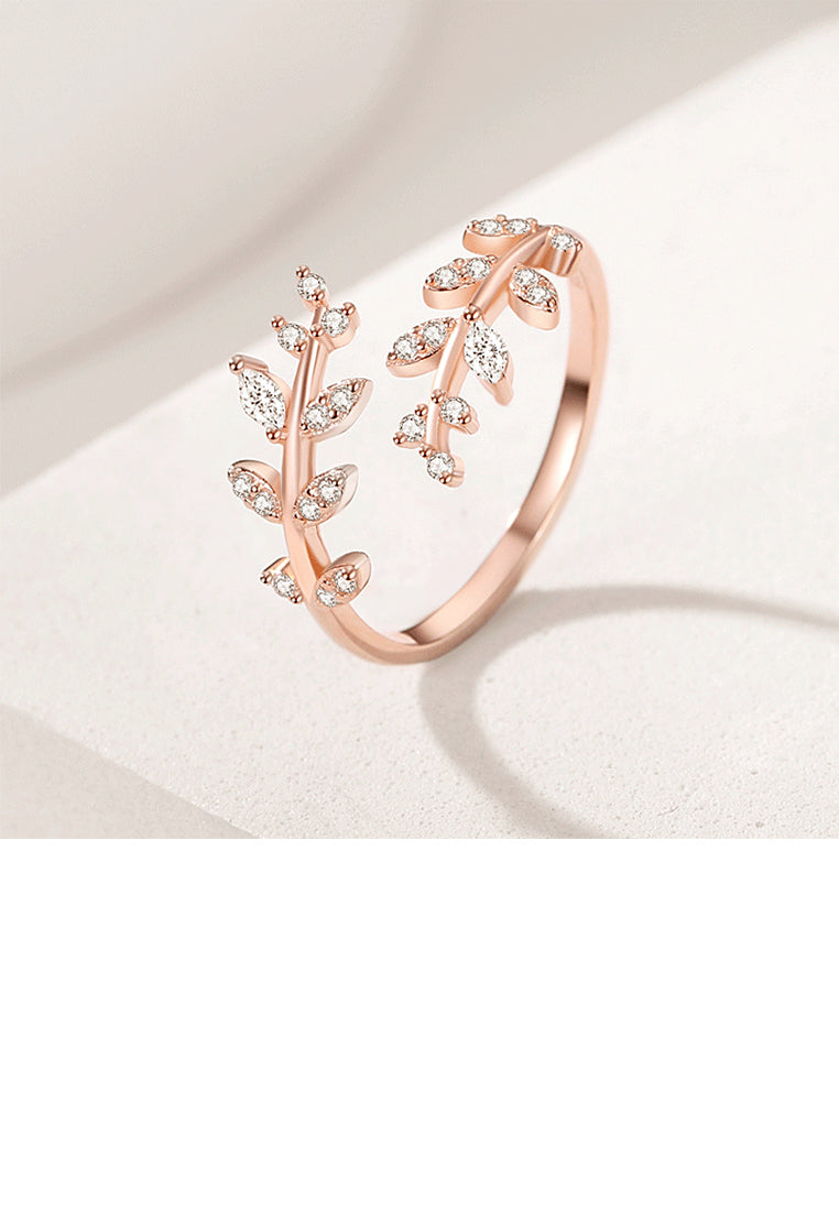 925 Sterling Silver Plated Rose Gold Fashion Simple Leaf Adjustable Open Ring With Cubic Zirconia - Luxurious Look