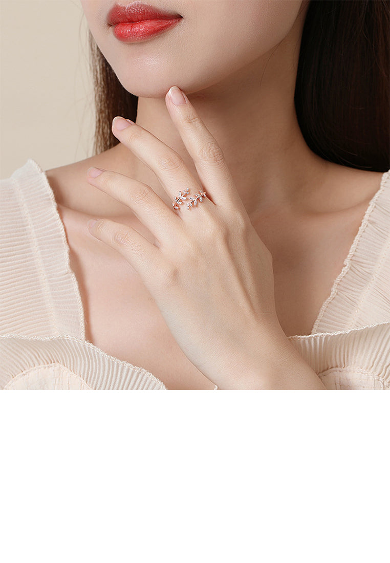925 Sterling Silver Plated Rose Gold Fashion Simple Leaf Adjustable Open Ring With Cubic Zirconia - Luxurious Look