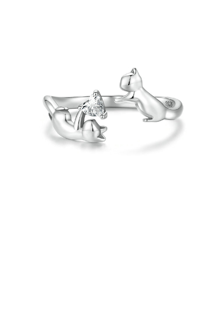 925 Sterling Silver Simple Cute Cat Heart Shape Adjustable Open Ring With Cubic Zirconia - Luxurious Look
