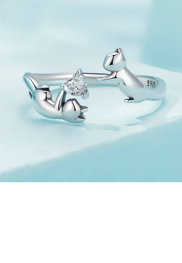925 Sterling Silver Simple Cute Cat Heart Shape Adjustable Open Ring With Cubic Zirconia - Luxurious Look