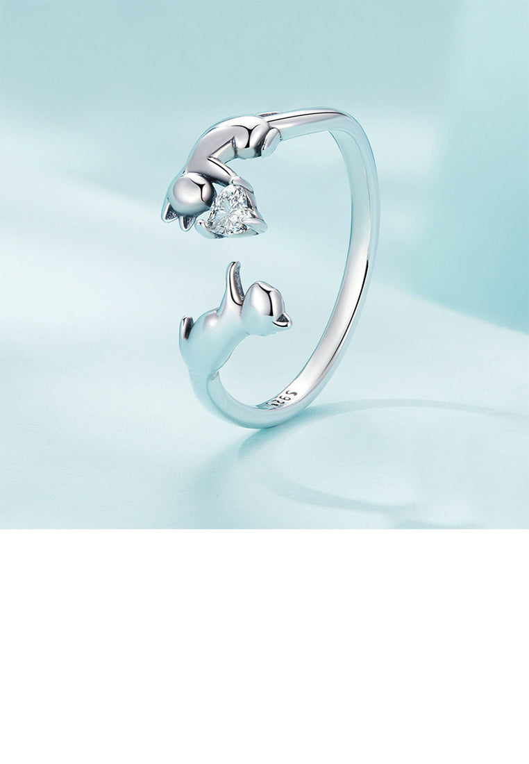 925 Sterling Silver Simple Cute Cat Heart Shape Adjustable Open Ring With Cubic Zirconia - Luxurious Look