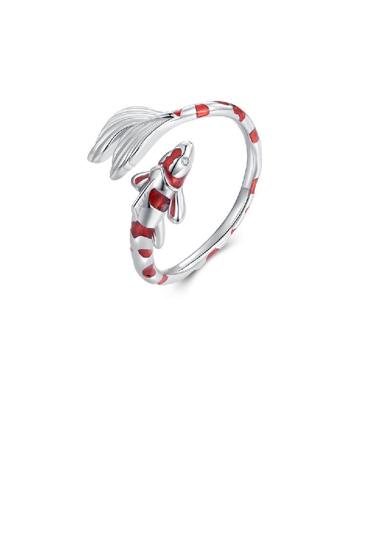 925 Sterling Silver Fashion Vintage Enamel Red Koi Adjustable Open Ring with Cubic Zirconia - Luxurious Look - Vibrant Color