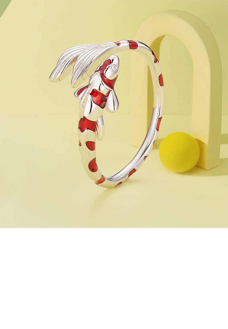 925 Sterling Silver Fashion Vintage Enamel Red Koi Adjustable Open Ring with Cubic Zirconia - Luxurious Look - Vibrant Color