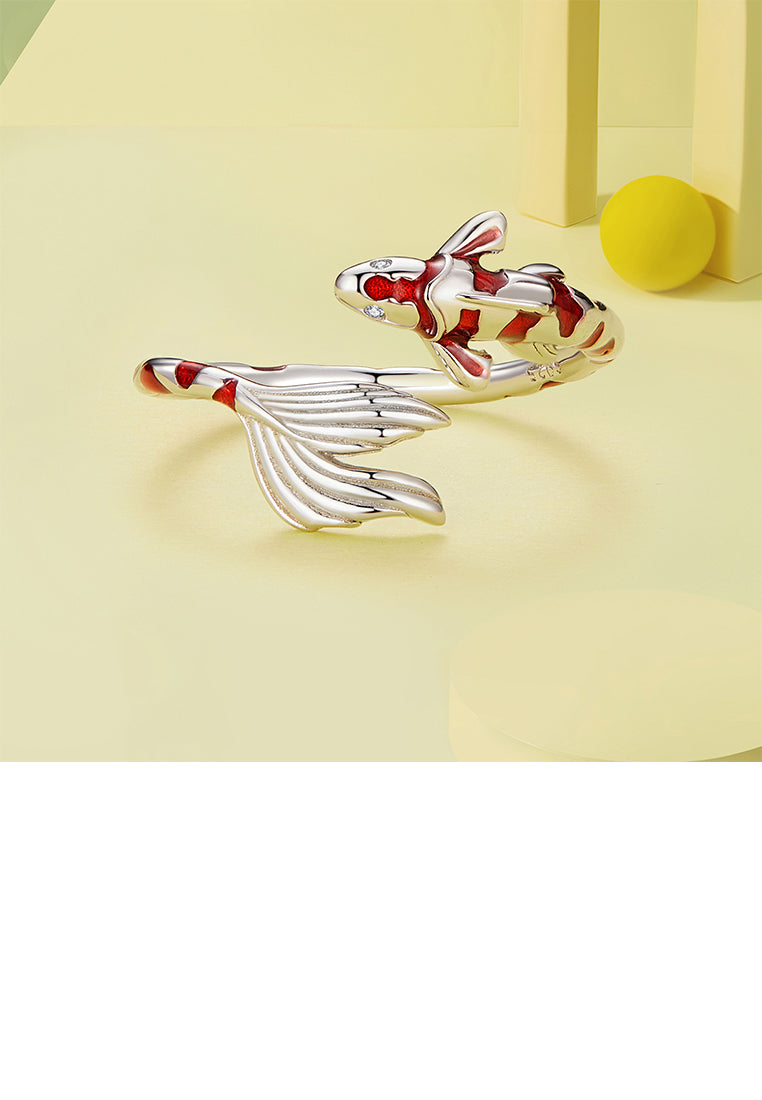 925 Sterling Silver Fashion Vintage Enamel Red Koi Adjustable Open Ring with Cubic Zirconia - Luxurious Look - Vibrant Color