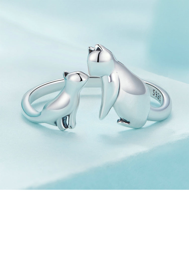 925 Sterling Silver Fashion Cute Double Cat Geometric Adjustable Open Ring