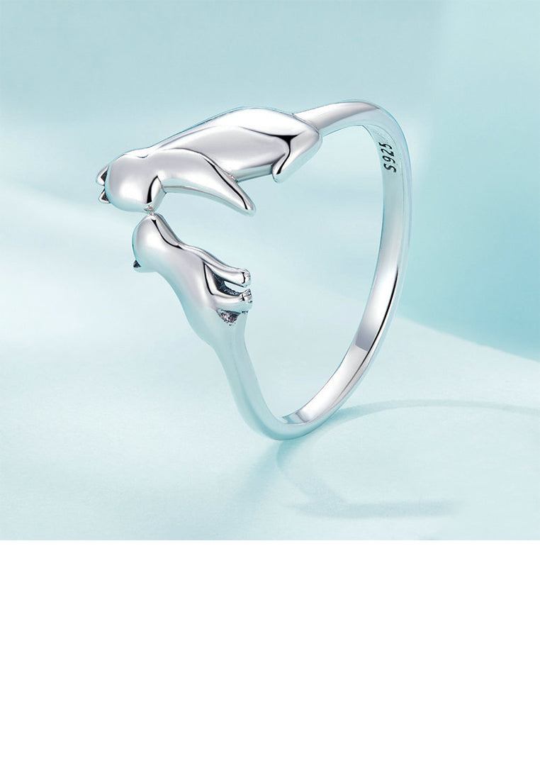 925 Sterling Silver Fashion Cute Double Cat Geometric Adjustable Open Ring