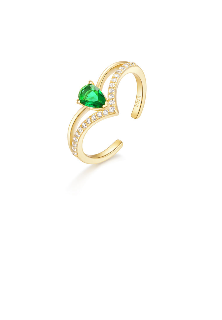 925 Sterling Silver Plated Gold Simple Personalized Geometric Adjustable Open Ring with Green Cubic Zirconia - Luxurious Look