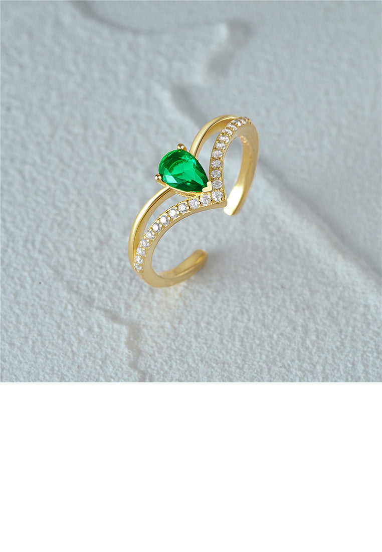 925 Sterling Silver Plated Gold Simple Personalized Geometric Adjustable Open Ring with Green Cubic Zirconia - Luxurious Look