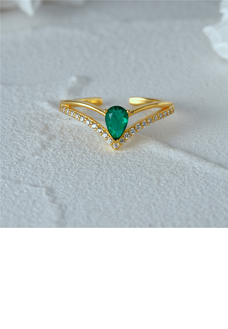 925 Sterling Silver Plated Gold Simple Personalized Geometric Adjustable Open Ring with Green Cubic Zirconia - Luxurious Look