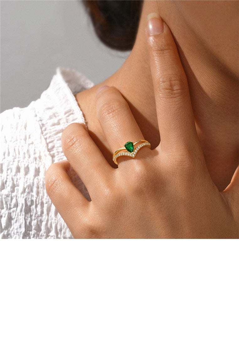 925 Sterling Silver Plated Gold Simple Personalized Geometric Adjustable Open Ring with Green Cubic Zirconia - Luxurious Look