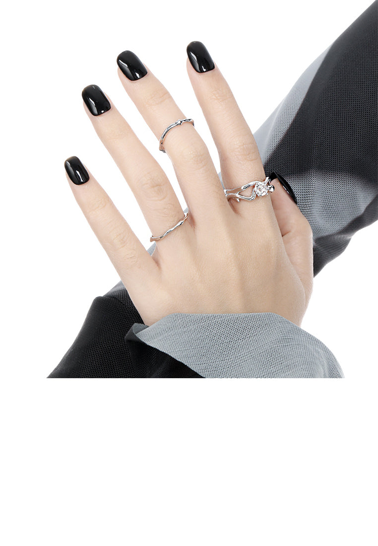 925 Sterling Silver Simple Creative Irregular Line Geometric Adjustable Open Ring with Cubic Zirconia - Luxurious Look