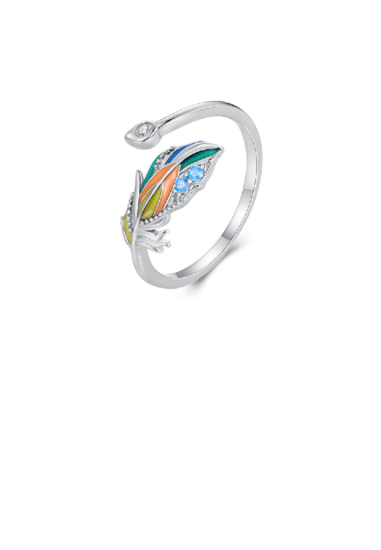925 Sterling Silver Fashion Temperament Enamel Colorful Feather Adjustable Open Ring With Cubic Zirconia - Luxurious Look