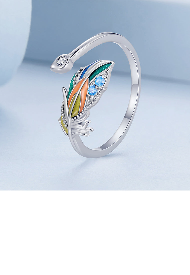 925 Sterling Silver Fashion Temperament Enamel Colorful Feather Adjustable Open Ring With Cubic Zirconia - Luxurious Look