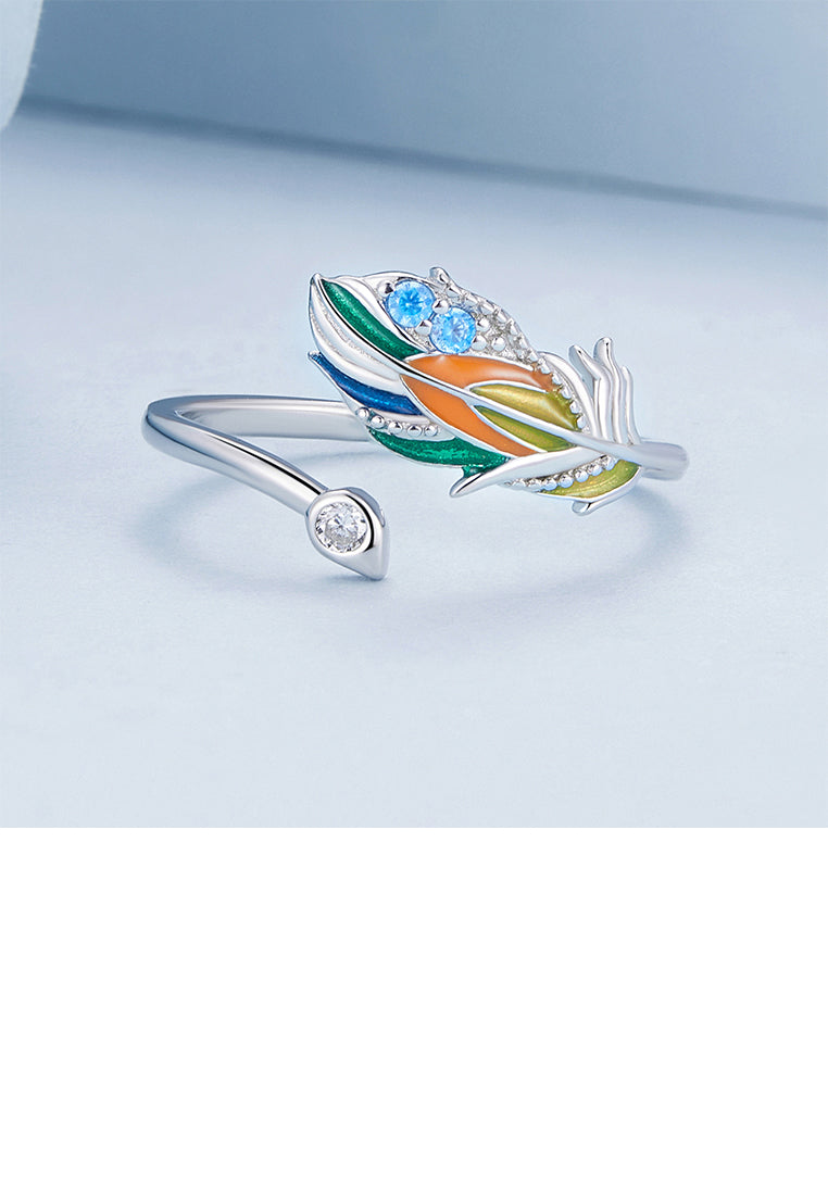 925 Sterling Silver Fashion Temperament Enamel Colorful Feather Adjustable Open Ring With Cubic Zirconia - Luxurious Look