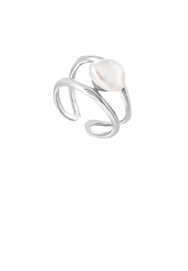925 Sterling Silver Fashion Irregular Freshwater Pearl Multi-layer Geometric Adjustable Open Ring - Luxurious Look