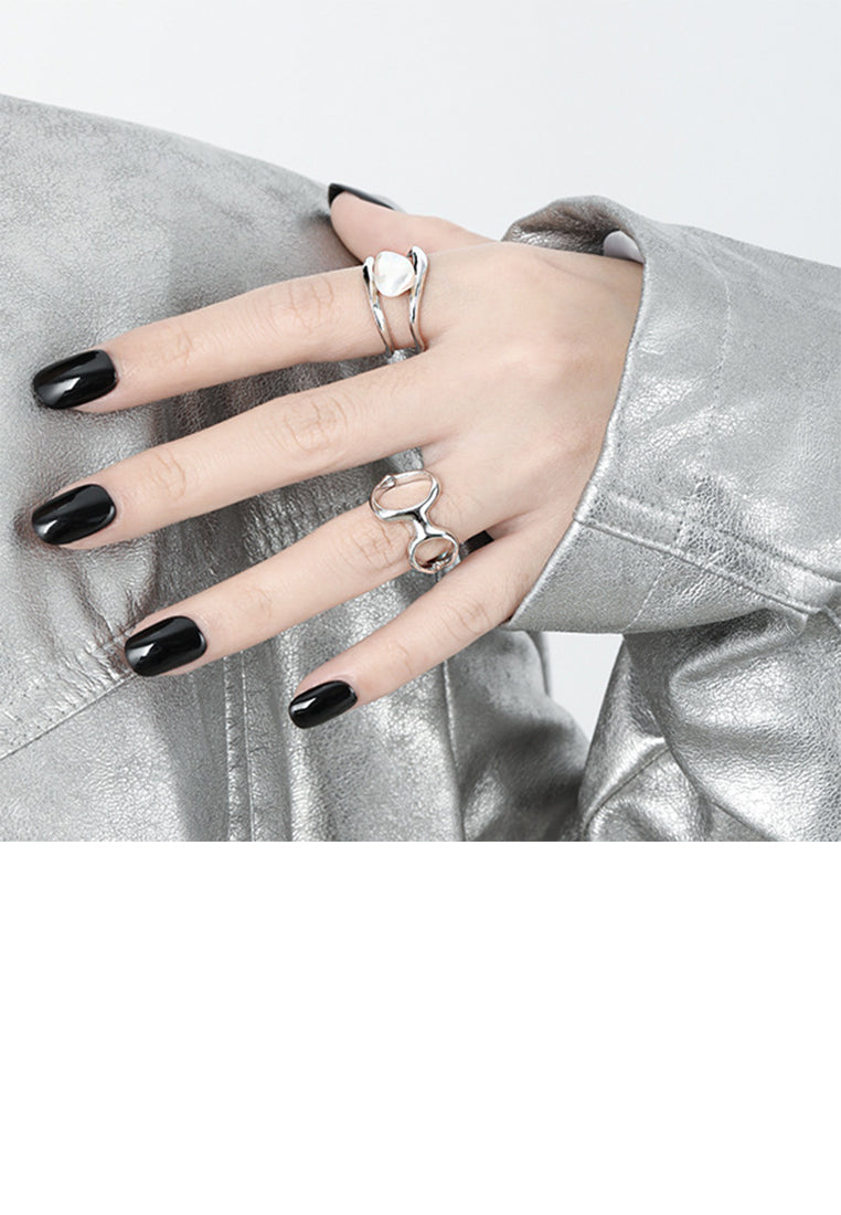 925 Sterling Silver Fashion Irregular Freshwater Pearl Multi-layer Geometric Adjustable Open Ring - Luxurious Look