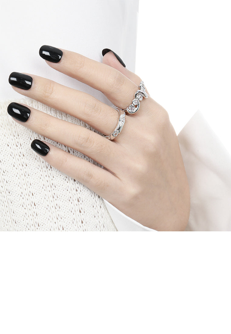 925 Sterling Silver Simple and Fashion Irregular Wavy Line Adjustable Open Ring with Cubic Zirconia - Luxurious Look