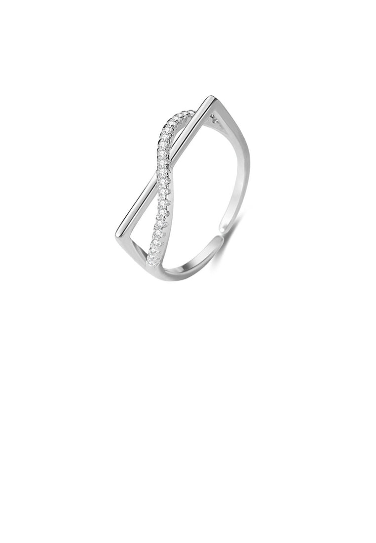 925 Sterling Silver Simple Personalized Cross Geometric Adjustable Open Ring with Cubic Zirconia - Luxurious Look