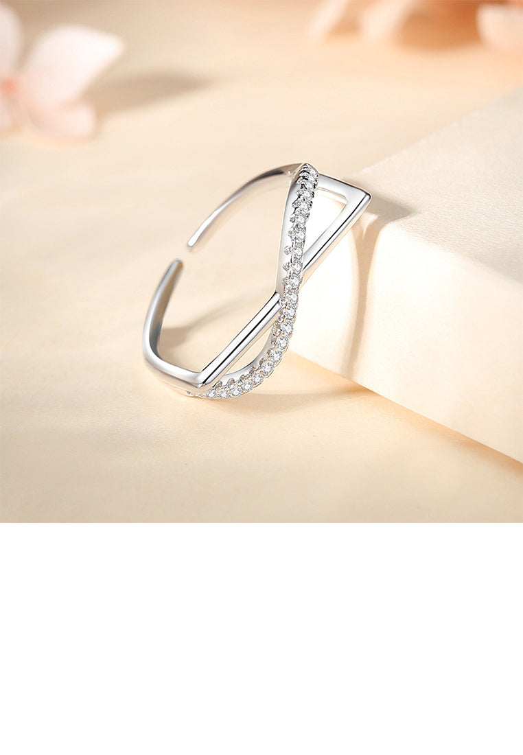 925 Sterling Silver Simple Personalized Cross Geometric Adjustable Open Ring with Cubic Zirconia - Luxurious Look